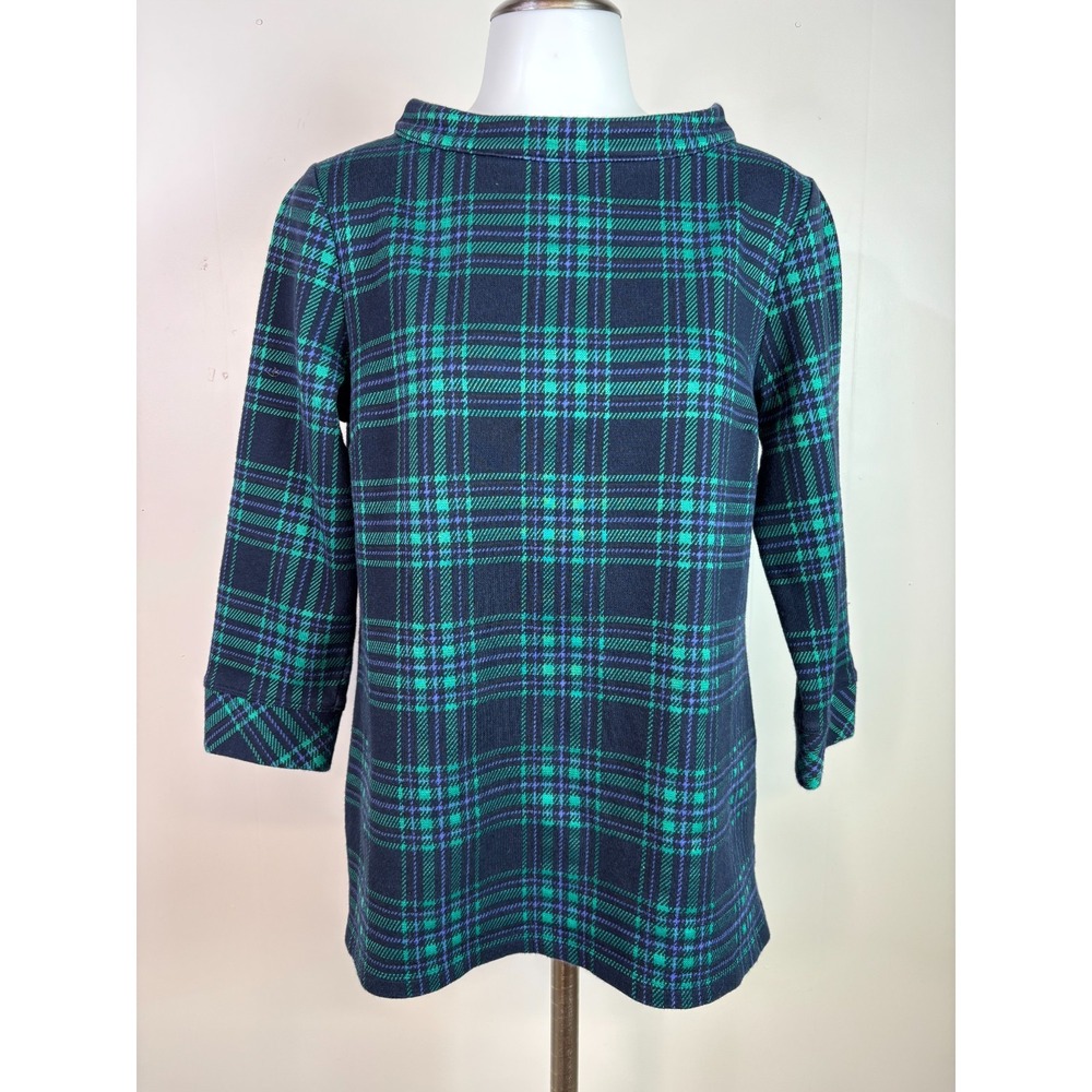 Talbots Top Medium Blue Green Plaid Stretch 3/4 Sleeve Holiday Women's